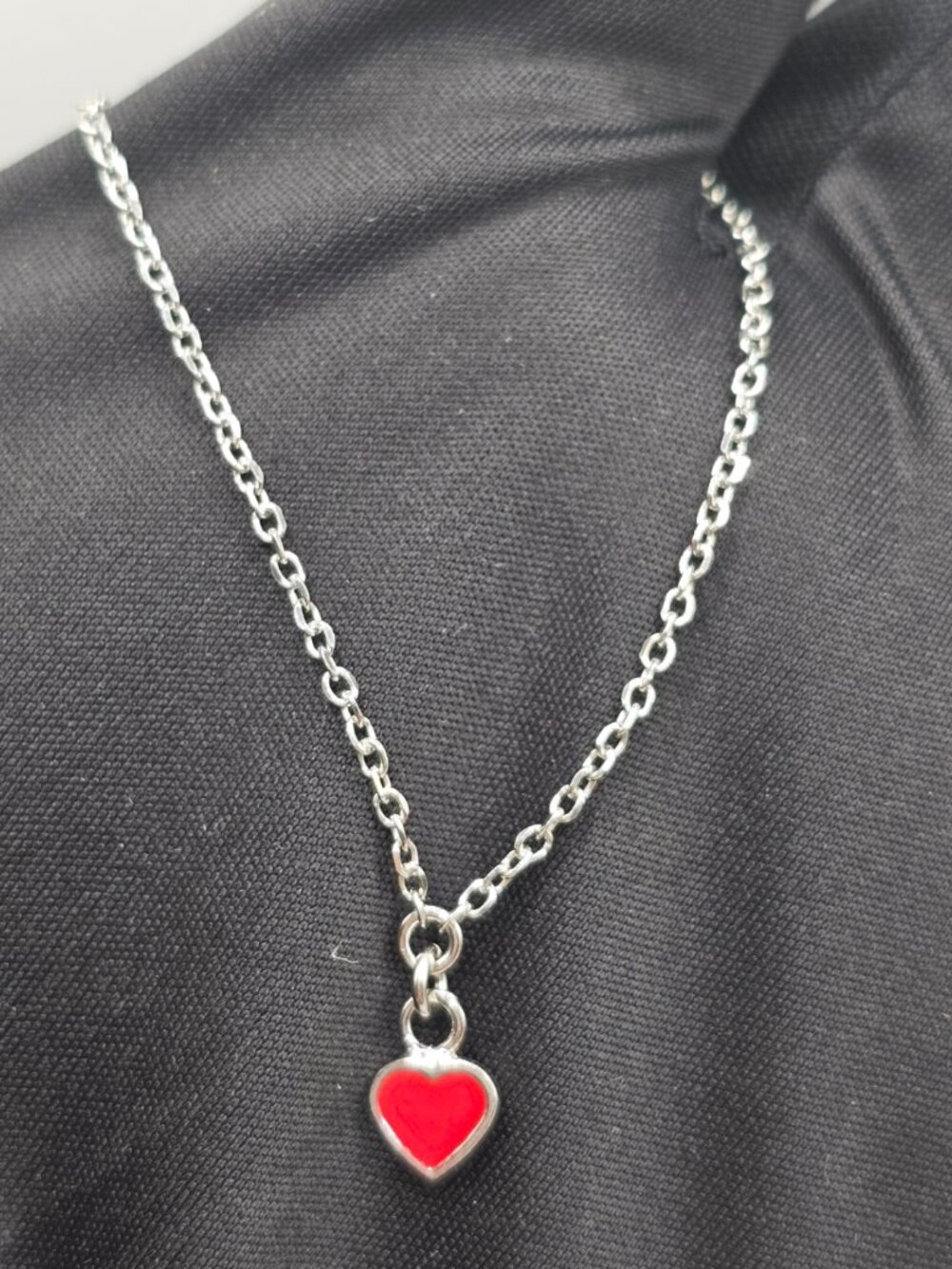 Sterling Silver 925 Rhodium Plated Rolo Link Red Enamel Heart Bracelet - Picture 12 of 15